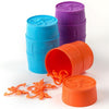 Colorful plastic barrels with embossed lids, one tipped over spilling linked orange monkeys, part of handcrafted children's toys in Toys, Books & Games and Best Sellers collections.