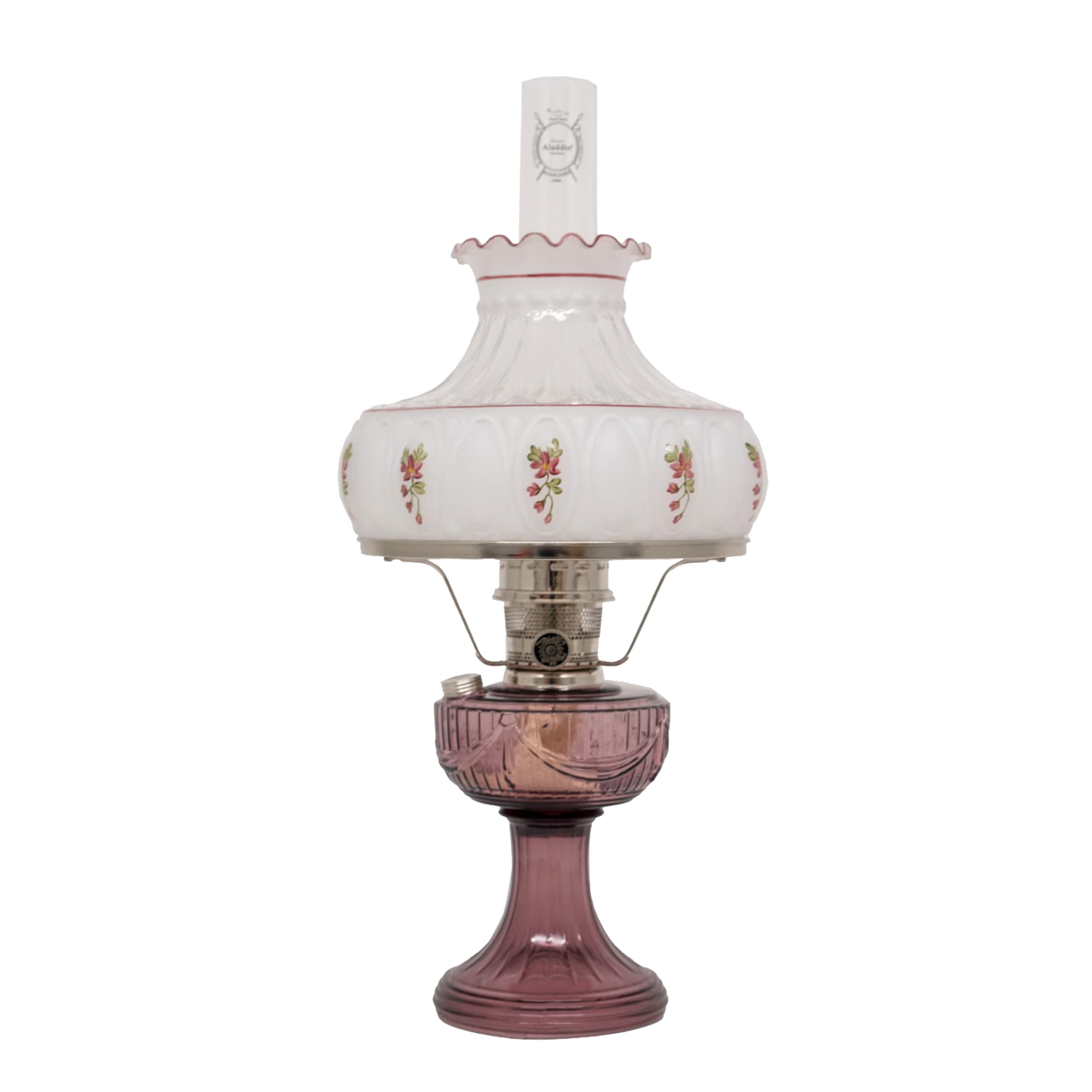 Handcrafted Aladdin glass oil lamp featuring a purple Lincoln Drape base, delicate rose-accented white glass shade with scalloped edge, clear chimney, and polished brass burner, ideal for Farm, Garden & Tool, Lamps & Lighting, Oil Lamps, Table Lamps, Best Sellers, Homesteading, and Promo Eligible collections.