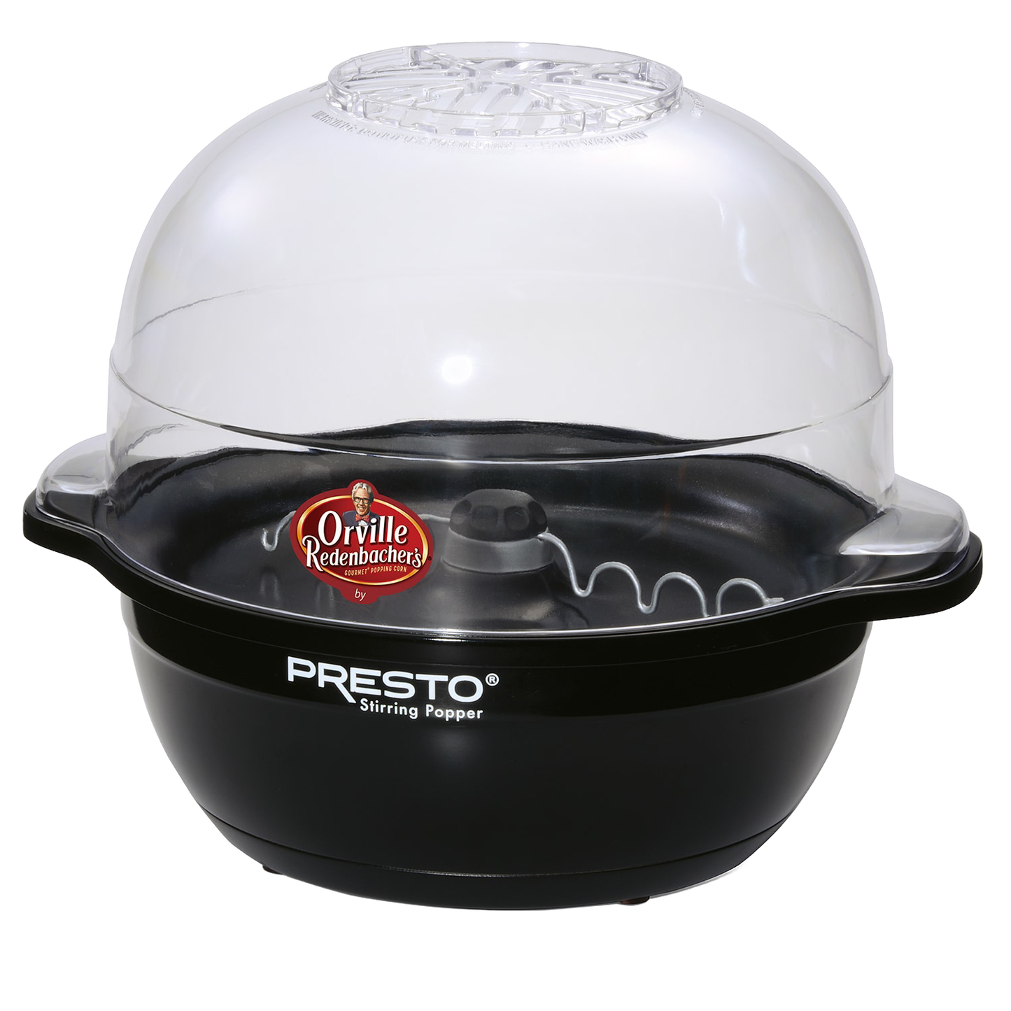 Black electric popcorn popper with clear plastic dome lid and motorized stirring arm, designed for easy homemade popcorn, featured in Kitchen & Food and Best Sellers collections.