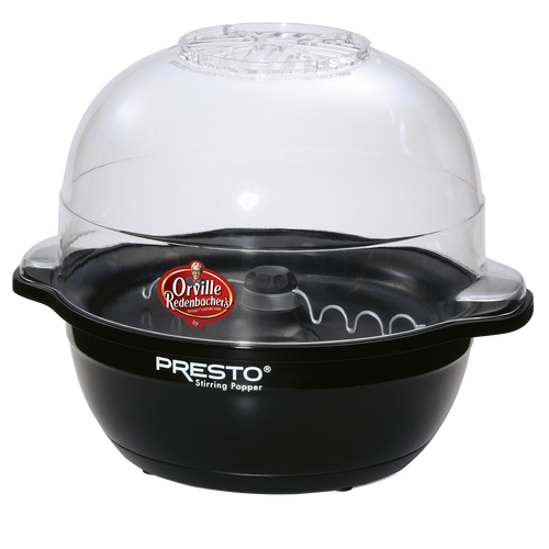 Black electric popcorn popper with clear plastic dome lid and motorized stirring arm, designed for easy homemade popcorn, featured in Kitchen & Food and Best Sellers collections.