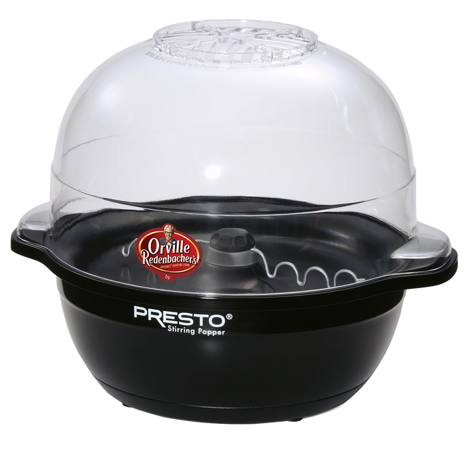 Black electric popcorn popper with clear plastic dome lid and motorized stirring arm, designed for easy homemade popcorn, featured in Kitchen & Food and Best Sellers collections.