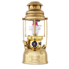 Handcrafted brass kerosene pressure lamp with blue control valve and clear glass globe, ideal for farm, garden, camping, emergency supplies, and outdoor lighting collections.