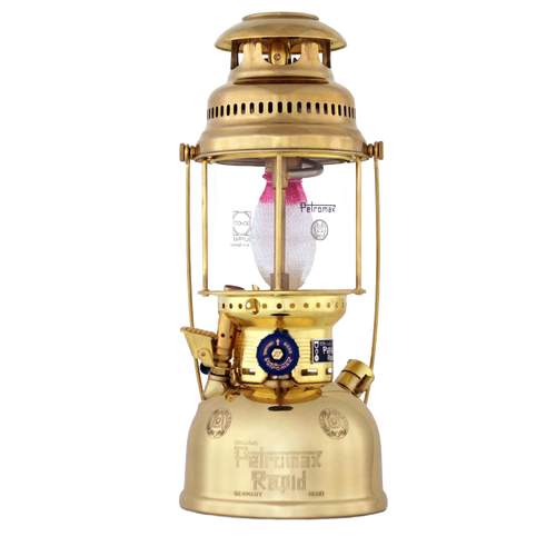 Handcrafted brass kerosene pressure lamp with blue control valve and clear glass globe, ideal for farm, garden, camping, emergency supplies, and outdoor lighting collections.