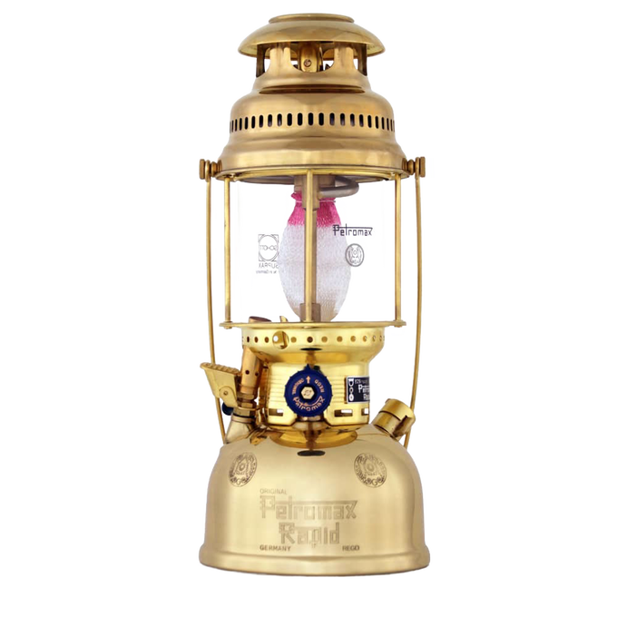 Handcrafted brass kerosene pressure lamp with blue control valve and clear glass globe, ideal for farm, garden, camping, emergency supplies, and outdoor lighting collections.