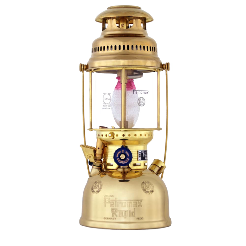 Handcrafted brass kerosene pressure lamp with blue control valve and clear glass globe, ideal for farm, garden, camping, emergency supplies, and outdoor lighting collections.