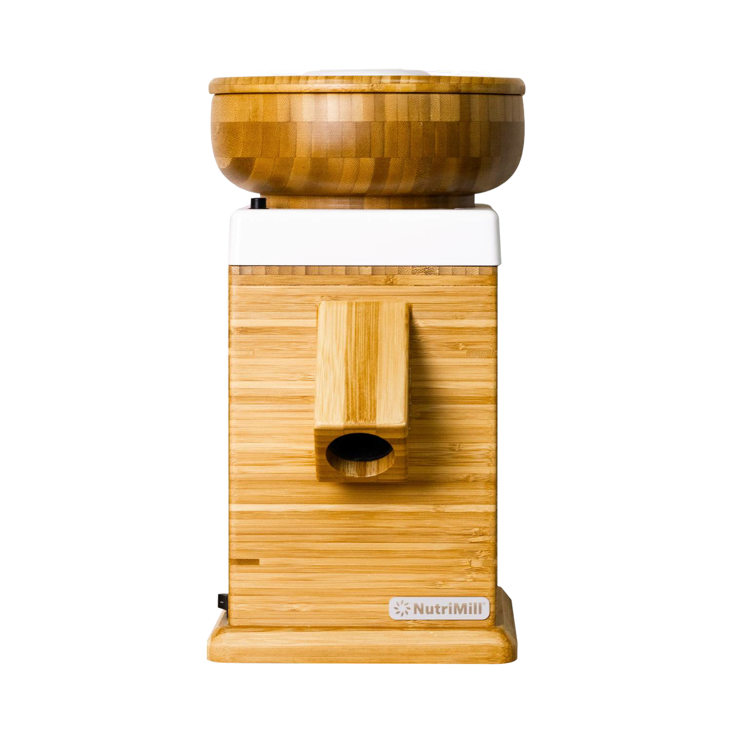 Front-facing view of a NutriMill Harvest electric grain mill with natural bamboo casing and bowl, perfect for Kitchen & Food, Grain Mills, Best Sellers, and Bread Making Supplies collections.