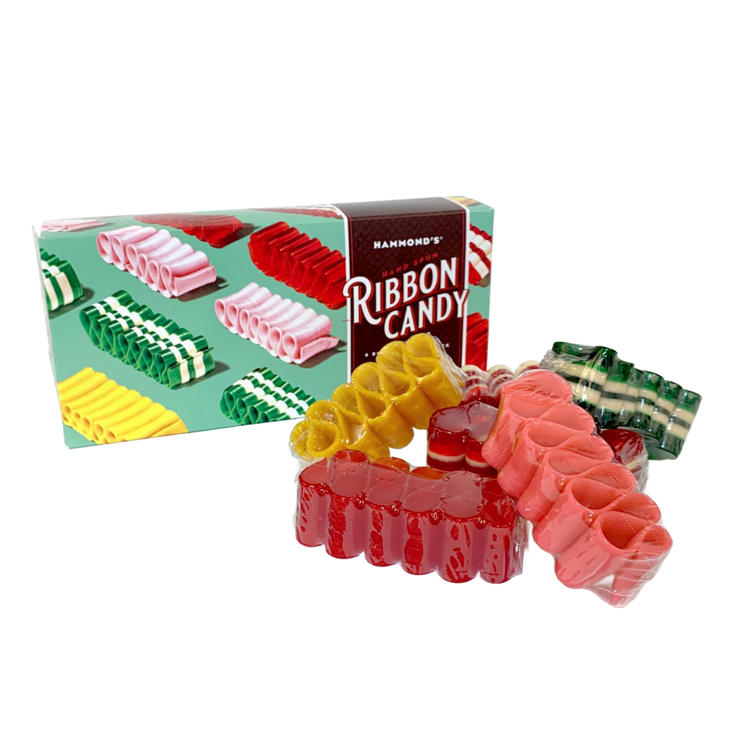 Assortment of handspun ribbon candy in various flavors and colors displayed next to a festive gift box, part of USA Made Snacks and Sweets collections.