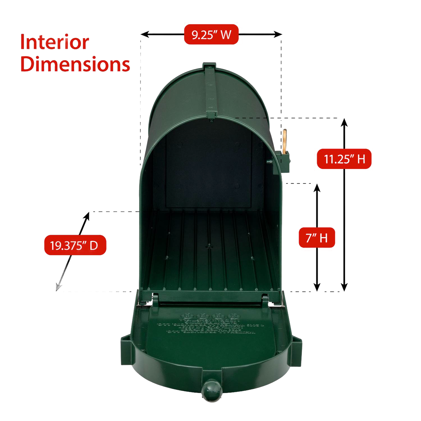 Open green and gold mailbox showing interior dimensions labeled for width, height, and depth, handcrafted and made in USA, suitable for Home & Decor and Mailboxes and Address Signs collections.