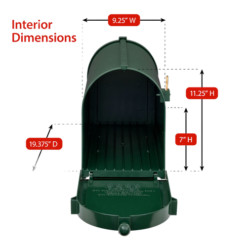 Open green and gold mailbox showing interior dimensions labeled for width, height, and depth, handcrafted and made in USA, suitable for Home & Decor and Mailboxes and Address Signs collections.