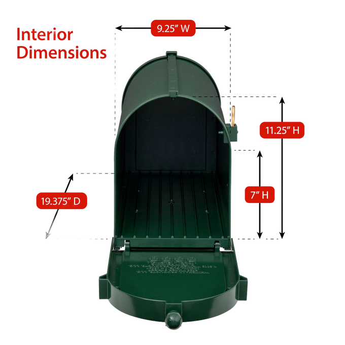 Open green and gold mailbox showing interior dimensions labeled for width, height, and depth, handcrafted and made in USA, suitable for Home & Decor and Mailboxes and Address Signs collections.