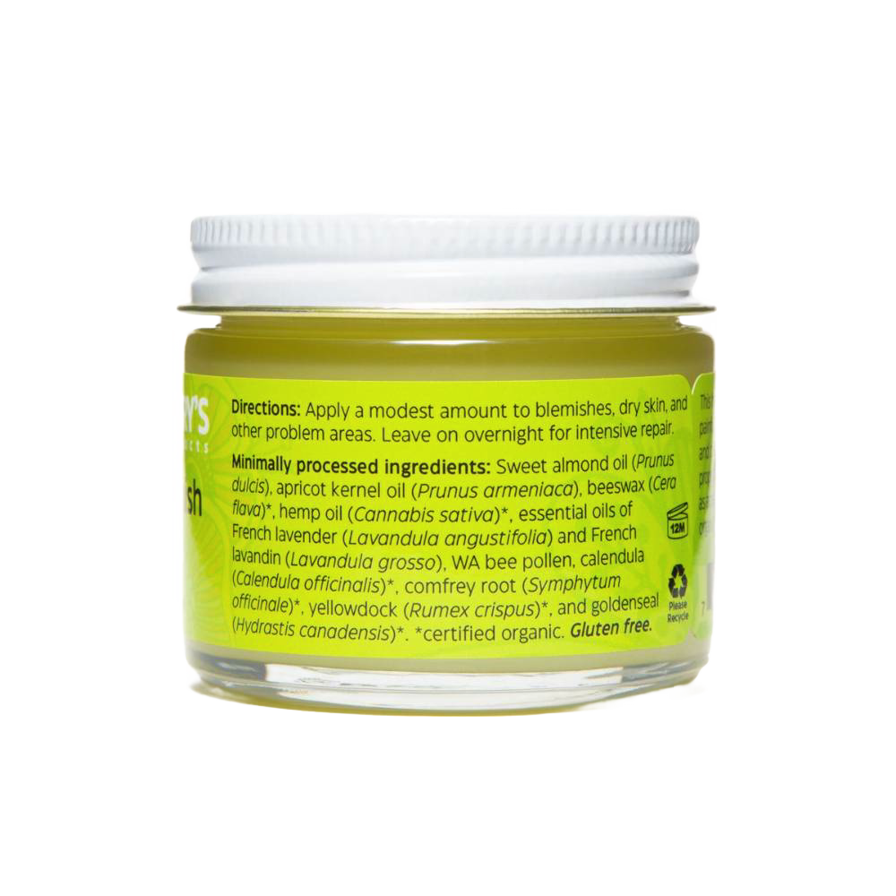 Clear glass jar of handcrafted blemish salve featuring natural herbs and oils, part of Health & Wellness, Balms, Creams and Lotions, Health Remedies, USA Made, and Best Sellers collections.