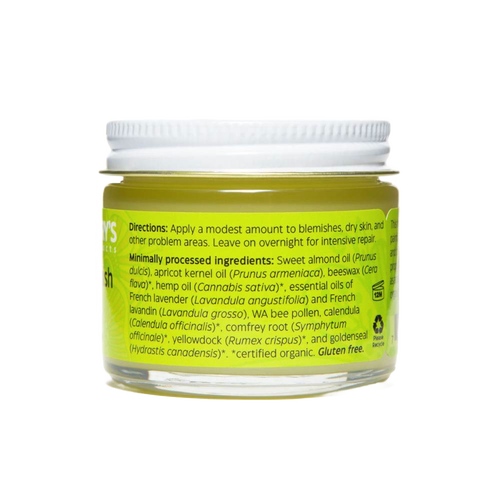 Clear glass jar of handcrafted blemish salve featuring natural herbs and oils, part of Health & Wellness, Balms, Creams and Lotions, Health Remedies, USA Made, and Best Sellers collections.