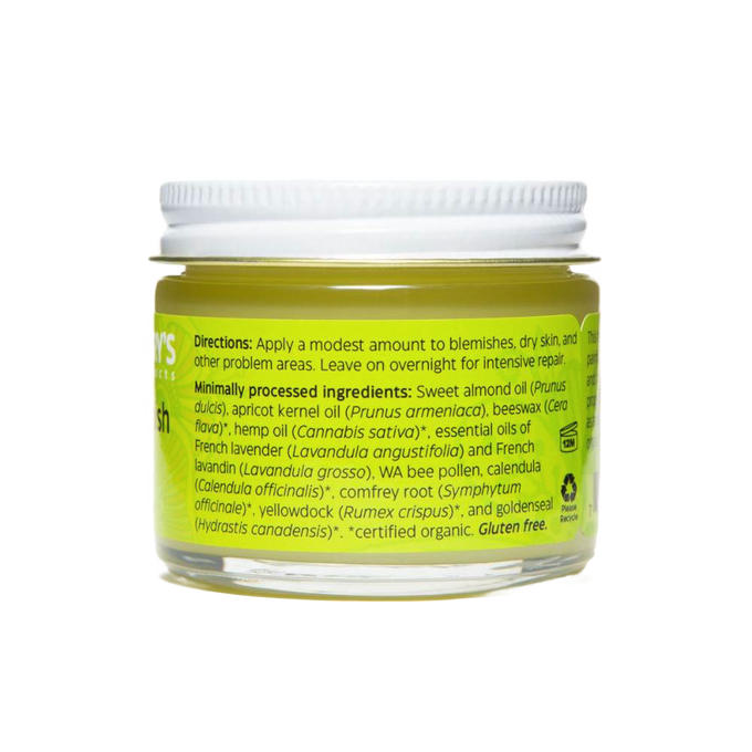 Clear glass jar of handcrafted blemish salve featuring natural herbs and oils, part of Health & Wellness, Balms, Creams and Lotions, Health Remedies, USA Made, and Best Sellers collections.