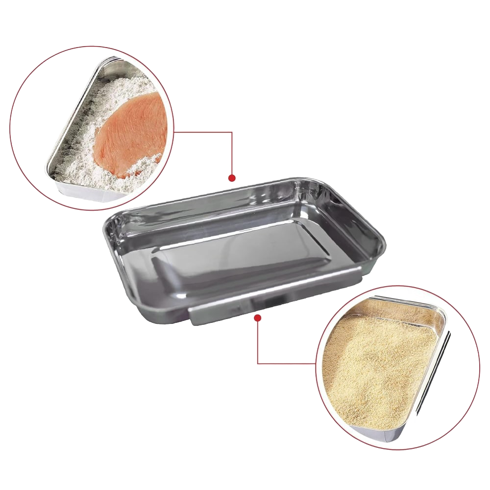Linkable stainless steel breading pans designed to keep flour, egg, and bread crumbs separate for mess-free breading, perfect for Kitchen & Food and Cookware collections.
