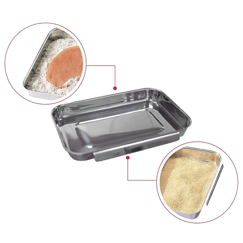 Linkable stainless steel breading pans designed to keep flour, egg, and bread crumbs separate for mess-free breading, perfect for Kitchen & Food and Cookware collections.