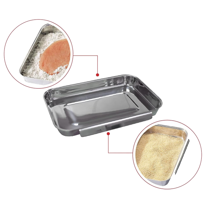 Linkable stainless steel breading pans designed to keep flour, egg, and bread crumbs separate for mess-free breading, perfect for Kitchen & Food and Cookware collections.