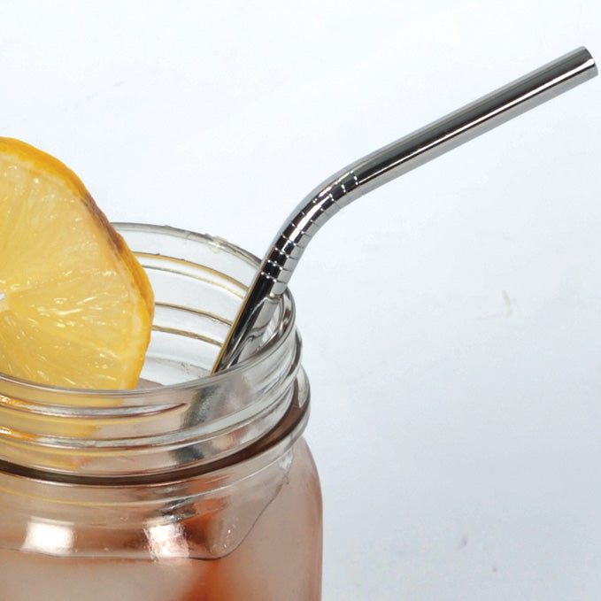 Polished stainless steel bent drinking straw inserted in glass jar with iced beverage and lemon slice, ideal for Kitchen & Food, Dinnerware, Kitchen Gadgets, and Best Sellers collections.