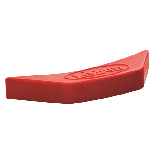 Red silicone handle holder designed to protect hands from heat up to 450°F, fits most cast iron assist handles, ideal for Kitchen & Food, Cookware, Cast Iron, Best Sellers, and Promo Eligible collections.