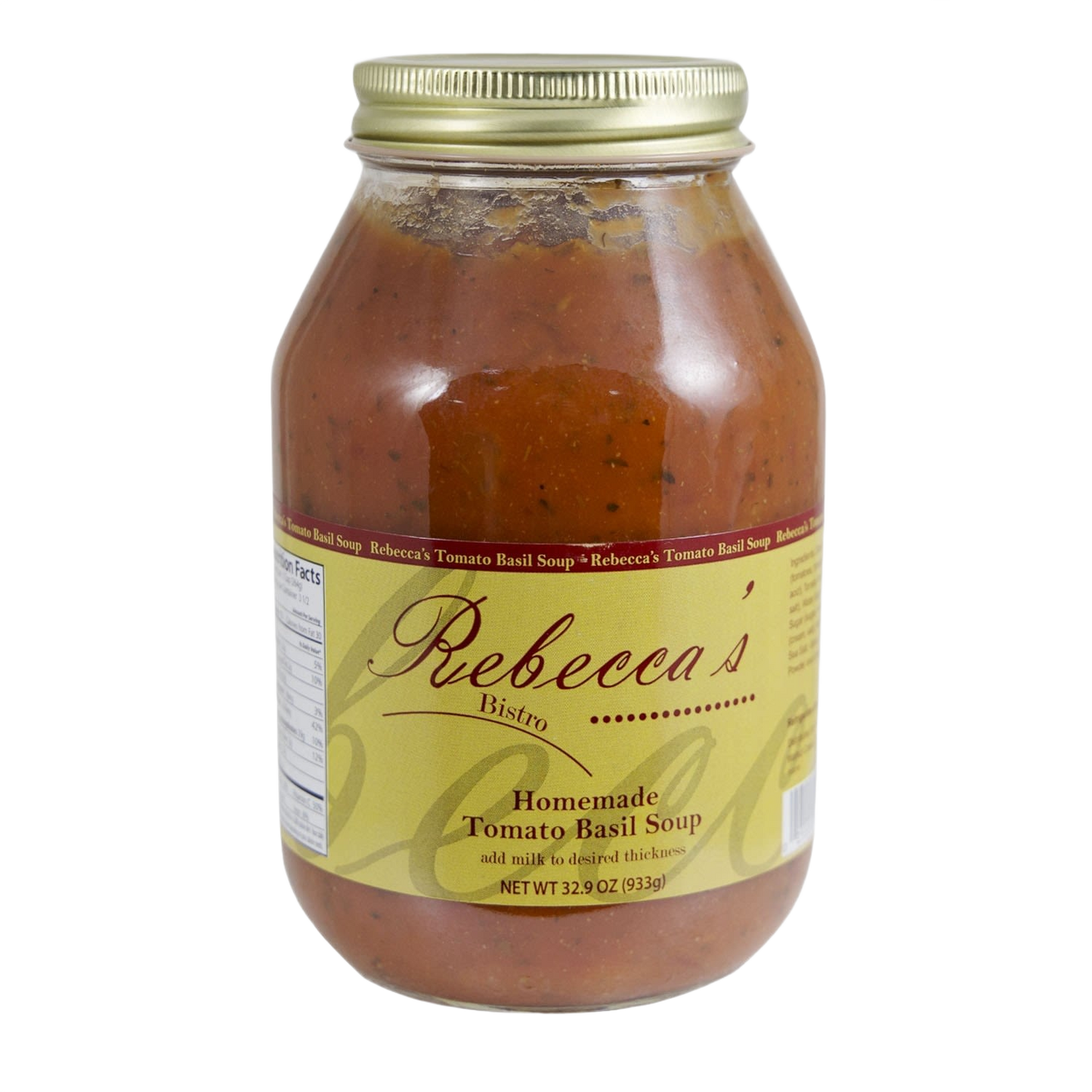 Glass jar filled with handcrafted tomato basil soup featuring a golden lid and a beige label, part of Kitchen & Food, Food, Soups, USA Made, and Best Sellers collections.