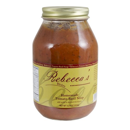 Glass jar filled with handcrafted tomato basil soup featuring a golden lid and a beige label, part of Kitchen & Food, Food, Soups, USA Made, and Best Sellers collections.