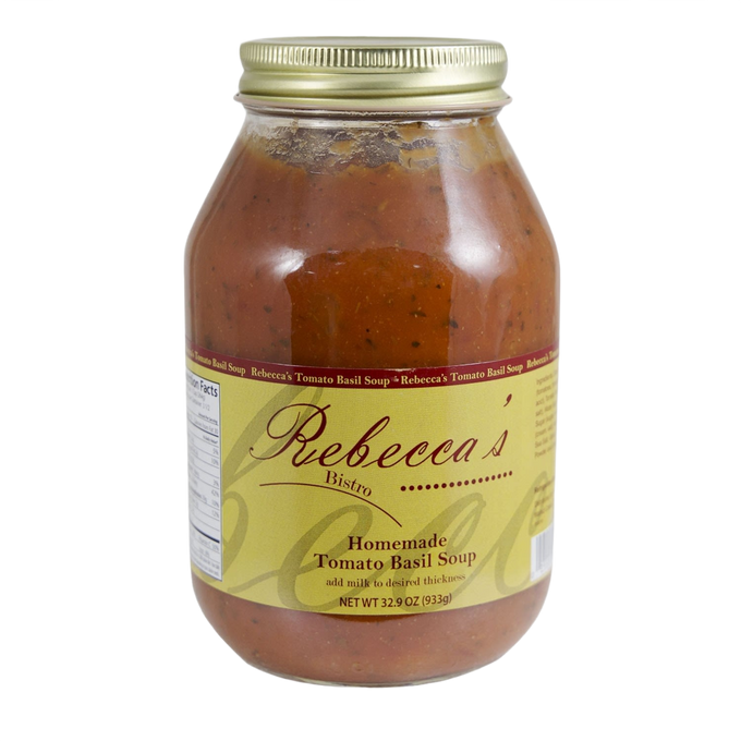 Glass jar filled with handcrafted tomato basil soup featuring a golden lid and a beige label, part of Kitchen & Food, Food, Soups, USA Made, and Best Sellers collections.
