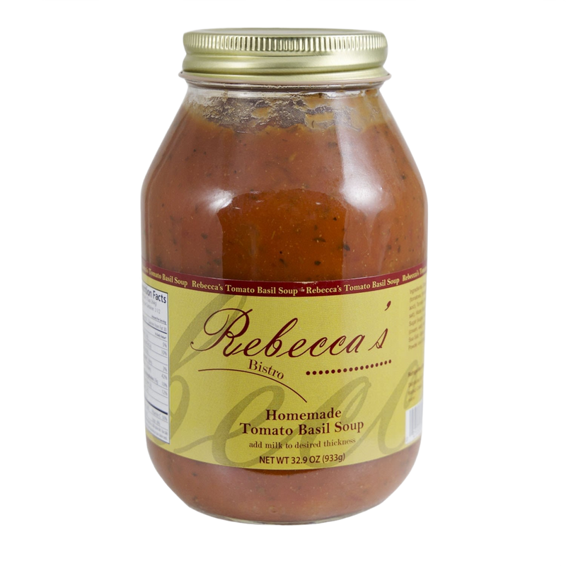 Glass jar filled with handcrafted tomato basil soup featuring a golden lid and a beige label, part of Kitchen & Food, Food, Soups, USA Made, and Best Sellers collections.
