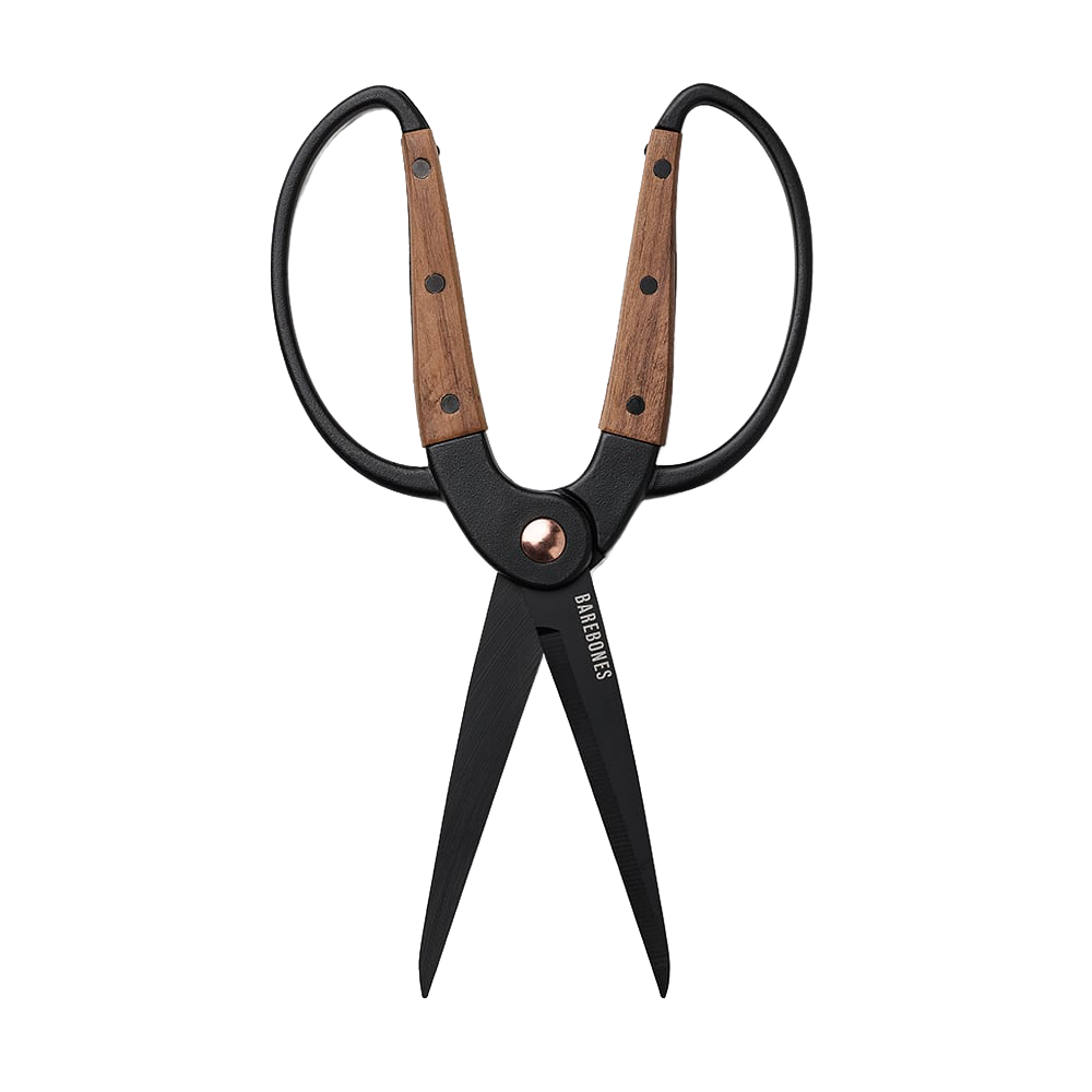 Large handcrafted gardener’s scissors with ambidextrous wide walnut handles and heat-treated black stainless steel blades, designed for comfortable use with gloves in Farm, Garden & Tool collections.