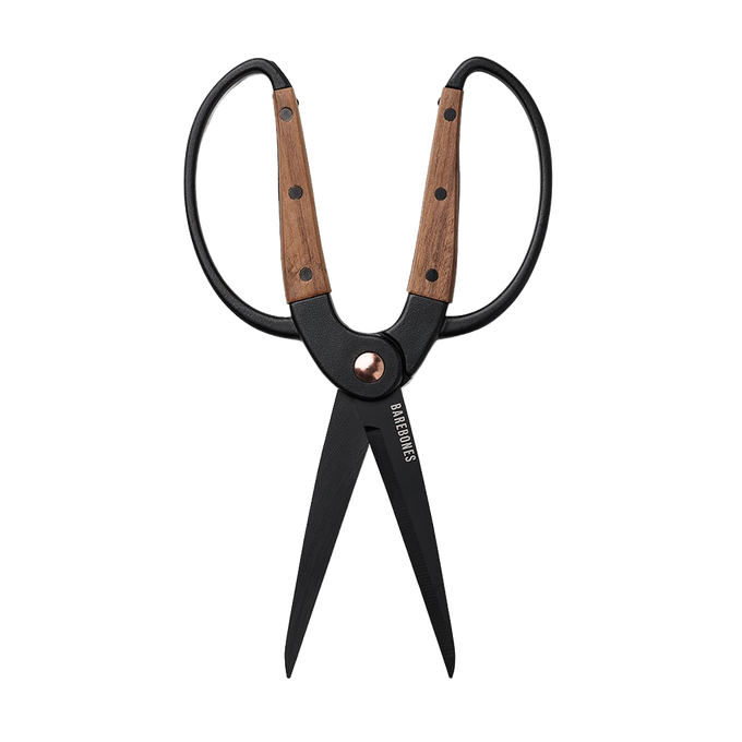 Large handcrafted gardener’s scissors with ambidextrous wide walnut handles and heat-treated black stainless steel blades, designed for comfortable use with gloves in Farm, Garden & Tool collections.