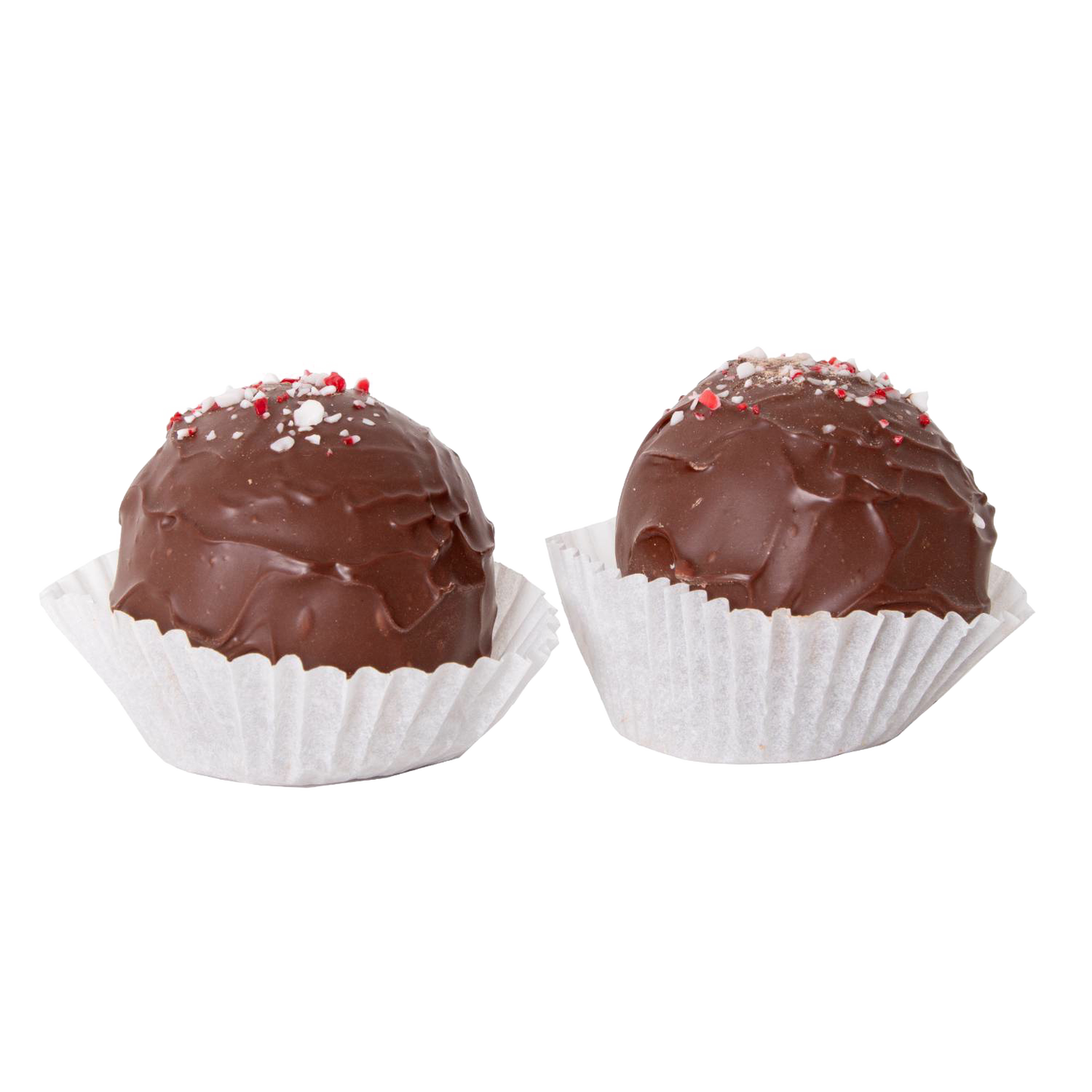 Handcrafted chocolate spheres with crushed peppermint candy topping in white paper cups, made in USA, perfect for Kitchen & Food, Snacks and Sweets, Beverages, and Best Sellers collections.