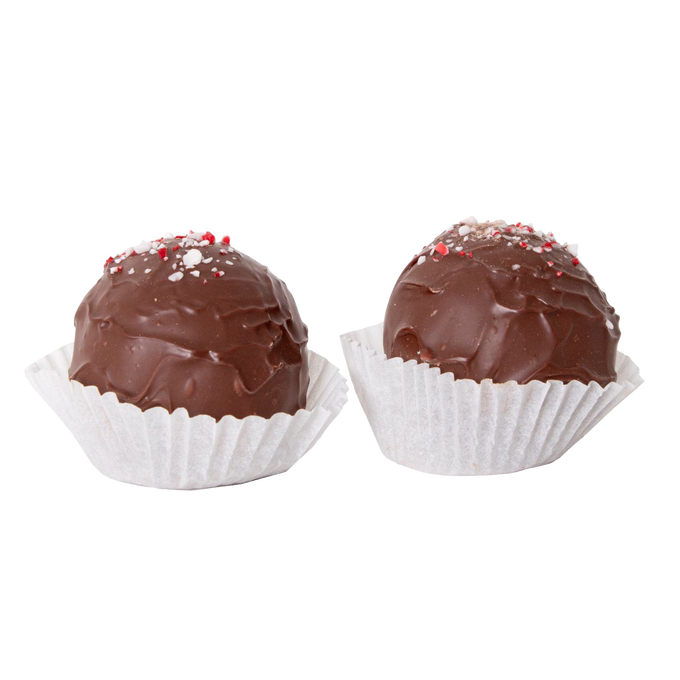 Handcrafted chocolate spheres with crushed peppermint candy topping in white paper cups, made in USA, perfect for Kitchen & Food, Snacks and Sweets, Beverages, and Best Sellers collections.