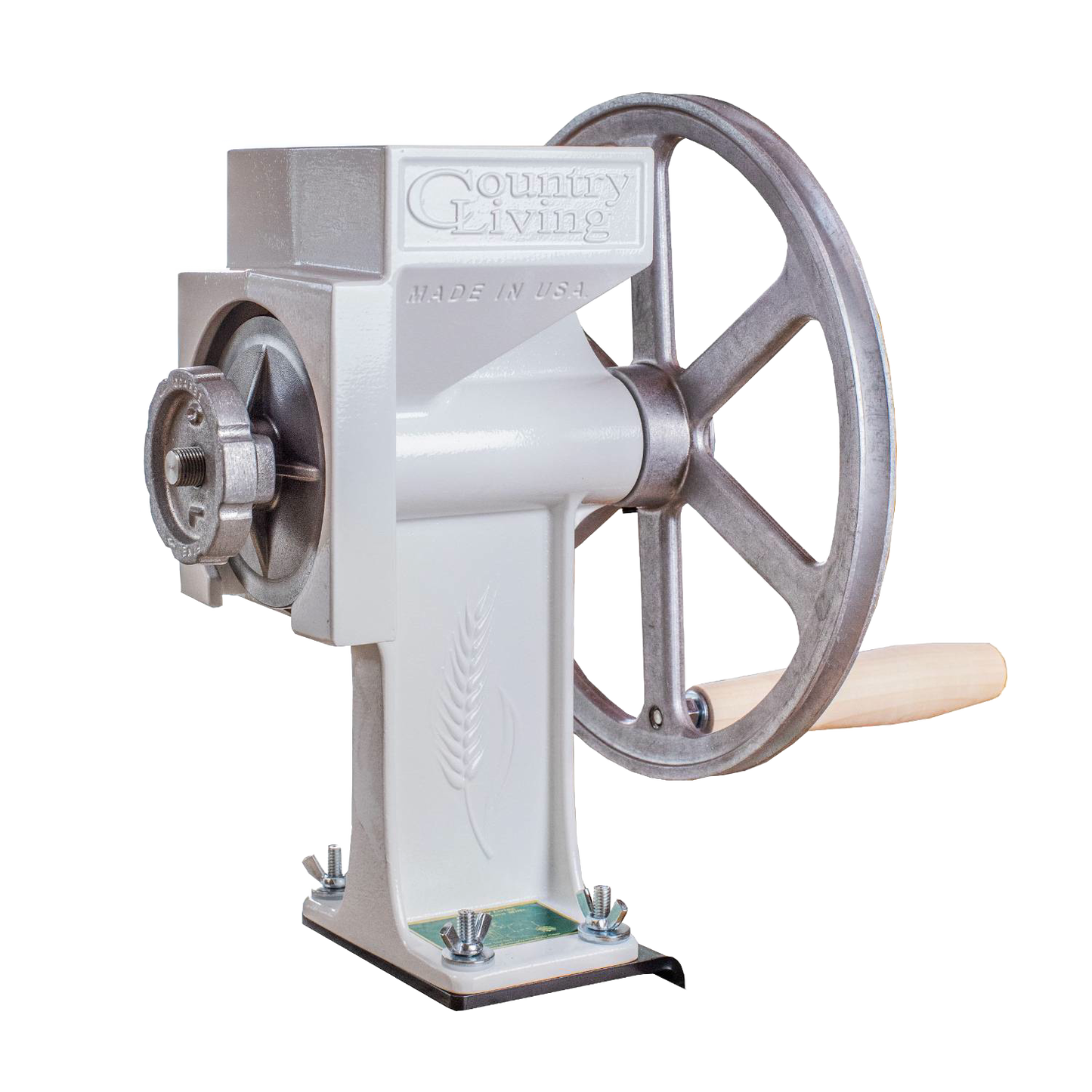 Handcrafted American-made grain mill with machined carbon steel burrs and aircraft aluminum flywheel, designed for durable use in Farm, Garden & Tool and Kitchen & Food collections.