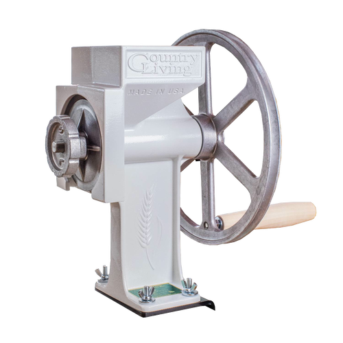 Handcrafted American-made grain mill with machined carbon steel burrs and aircraft aluminum flywheel, designed for durable use in Farm, Garden & Tool and Kitchen & Food collections.
