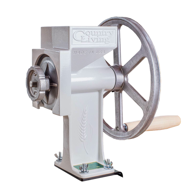 Handcrafted American-made grain mill with machined carbon steel burrs and aircraft aluminum flywheel, designed for durable use in Farm, Garden & Tool and Kitchen & Food collections.