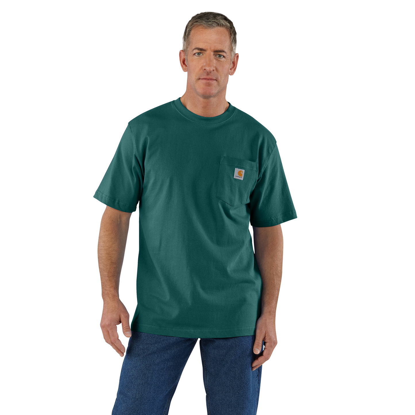 Man modeling a handcrafted heavyweight cotton short-sleeve pocket t-shirt in deep green with rib-knit crewneck and side-seam construction, featured in Clothing and Accessories, Best Sellers, and Promo Eligible collections.