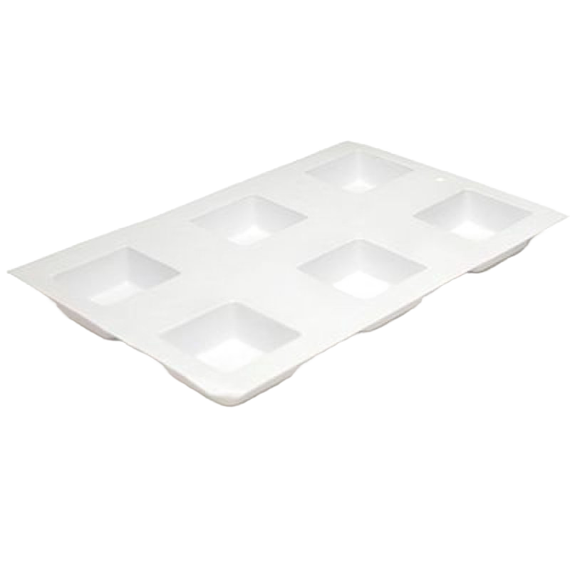 White plastic bar soap mold with six square cavities, designed for making multiple 2.5 to 3 oz soap bars simultaneously, crafted for soapmaking and wellness enthusiasts.