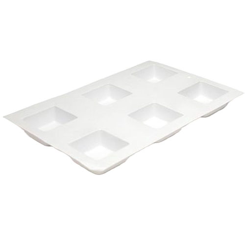 White plastic bar soap mold with six square cavities, designed for making multiple 2.5 to 3 oz soap bars simultaneously, crafted for soapmaking and wellness enthusiasts.