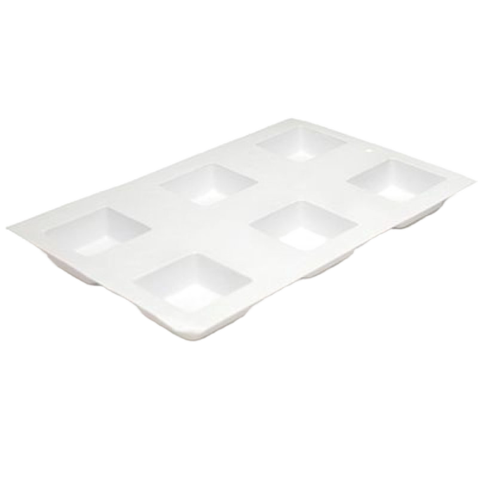 White plastic bar soap mold with six square cavities, designed for making multiple 2.5 to 3 oz soap bars simultaneously, crafted for soapmaking and wellness enthusiasts.