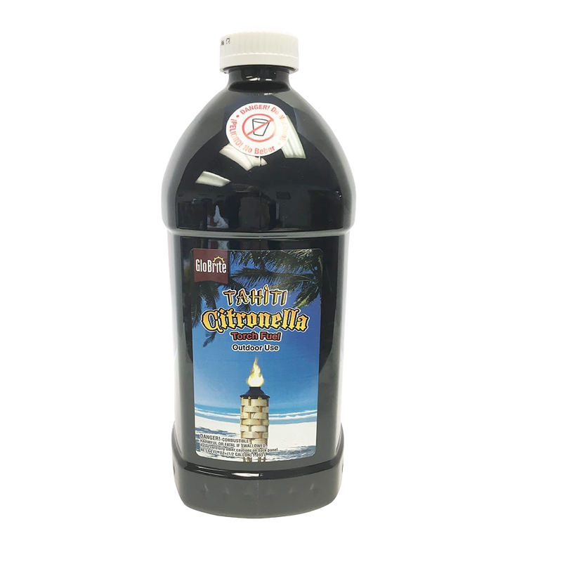 Dark plastic bottle of citronella torch fuel with tropical beach label, designed to repel insects and provide outdoor lighting, featured in Camping, Pest Control, and Lamps & Lighting collections.