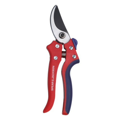 Spear & Jackson Razorsharp bypass pruning shears with red and blue ergonomic handles, precision SK5 carbon steel blades, ideal for Farm, Garden & Tool, Garden Accessories, Lawncare, Best Sellers, and Promo Eligible collections.