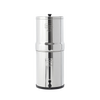 Polished stainless steel water filtration system with upper chamber nesting in lower reservoir, designed for emergency supplies, appliances, and water treatment collections.