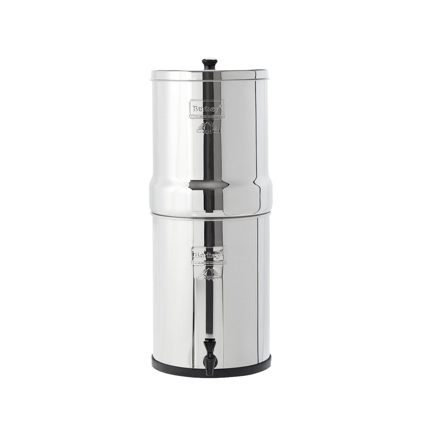 Polished stainless steel water filtration system with upper chamber nesting in lower reservoir, designed for emergency supplies, appliances, and water treatment collections.