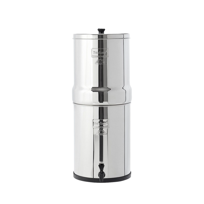 Polished stainless steel water filtration system with upper chamber nesting in lower reservoir, designed for emergency supplies, appliances, and water treatment collections.