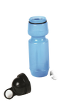 Light blue 22 oz non-leaching LDPE medical grade polymer water bottle with removable black cap and filter components, ideal for camping, emergency supplies, and outdoor use.