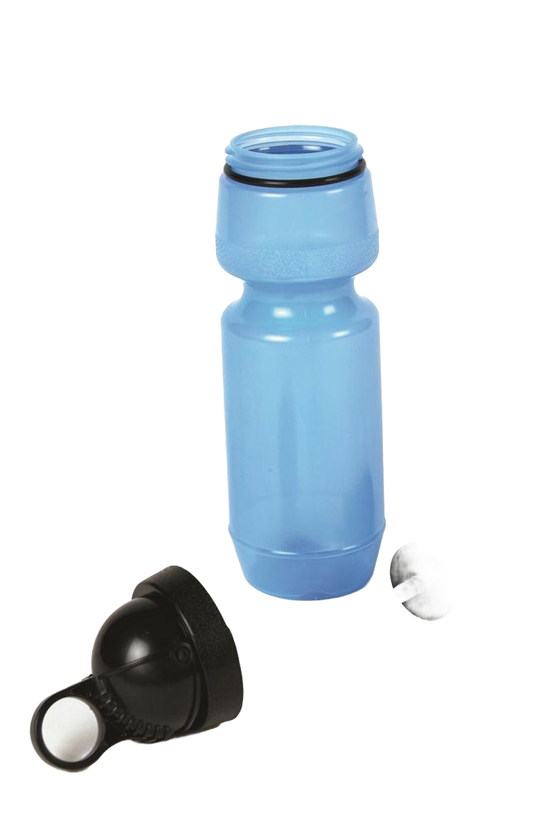 Light blue 22 oz non-leaching LDPE medical grade polymer water bottle with removable black cap and filter components, ideal for camping, emergency supplies, and outdoor use.