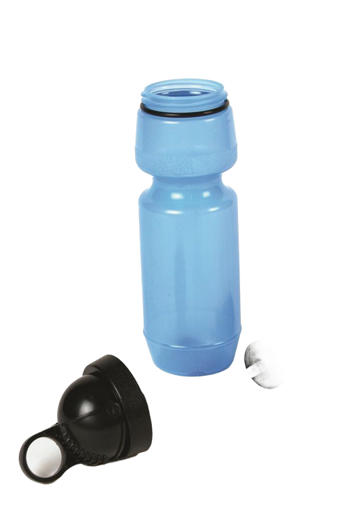 Light blue 22 oz non-leaching LDPE medical grade polymer water bottle with removable black cap and filter components, ideal for camping, emergency supplies, and outdoor use.