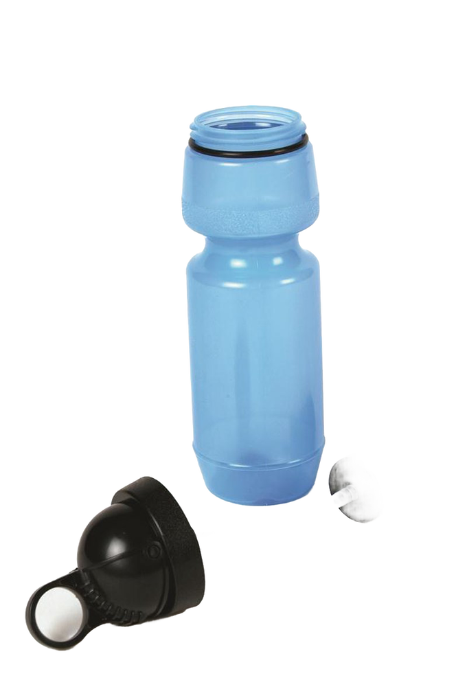 Light blue 22 oz non-leaching LDPE medical grade polymer water bottle with removable black cap and filter components, ideal for camping, emergency supplies, and outdoor use.