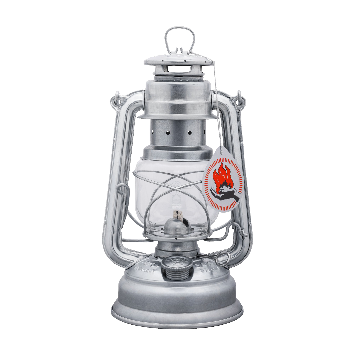 Handcrafted galvanized oil lantern with thermal heat-resistant SUPRAX globe and vintage flame emblem, designed for durability in Lamps & Lighting, Camping, and Emergency Supplies collections.