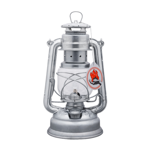 Handcrafted galvanized oil lantern with thermal heat-resistant SUPRAX globe and vintage flame emblem, designed for durability in Lamps & Lighting, Camping, and Emergency Supplies collections.
