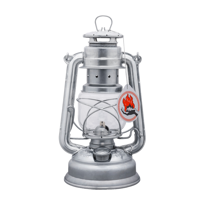 Handcrafted galvanized oil lantern with thermal heat-resistant SUPRAX globe and vintage flame emblem, designed for durability in Lamps & Lighting, Camping, and Emergency Supplies collections.