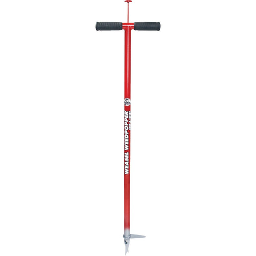 Handcrafted red steel weeder with ergonomic black grips and a sharp steel tip designed for easy standing weed removal, part of Farm, Garden & Tool and Digging and Cultivating collections.
